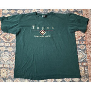 VTG Y2K Texas Lone Star State Green Embroidery Tee XXL Time Square Distressed